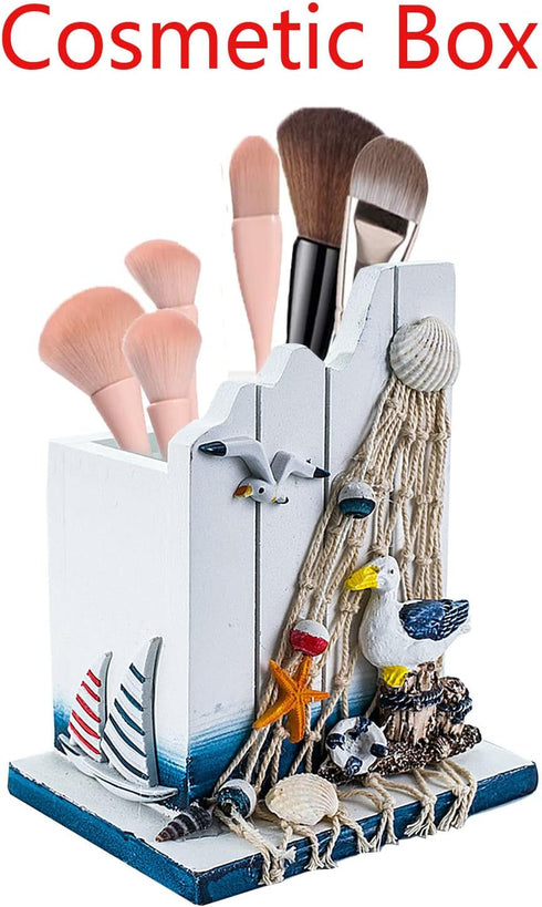 Nautical Wooden Pen Holder- Handcrafted Ocean Beach Sea Birds Mediterranean Theme Makeup Brush Organizer Ornaments-Coastal Stationery Gift...