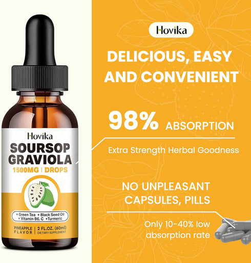 Soursop Graviola Liquid Drops 1500mg - Soursop Leaves & Fruit with Green Tea, Black Seed Oil, Turmeric for Cell Support, Immune, Antioxidant - Sou...