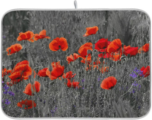 Beautiful Meadow Red Poppy Flowers Absorbent Dish Drying Mat Microfiber Kitchen Countertop Table Protector Multi-Purpose Counter Rack Sink Drainer...