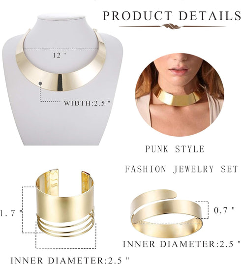 HANPABUM Women Gold Tone Choker Necklace and Cuff Bangle Bracelet Jewelry Set Exaggerated Punk Style (A:Gold Tone)...