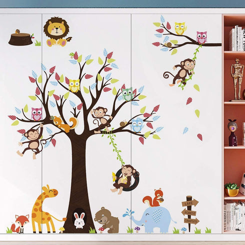 LiveGallery Cartoon Animals Wall Decals Removable Tree Wall Stickers DIY Owls Wall Art Cute Monkey Elephant Giraffe Wall Decal for Kids Boys Child...