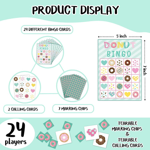 Donut Bingo Cards, 24 Player Sweet Party Bingo Game for Family Adult, Donut Party Favor, Large Group Party Celebration Activity -10...