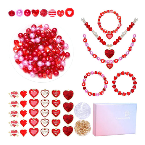 Urwomin 249 Pieces Valentine's Day Beads Jewelry Making for Necklace Bracelet Love Heart Charms Rhinestone Red Beads Assortments for Women Girls D...