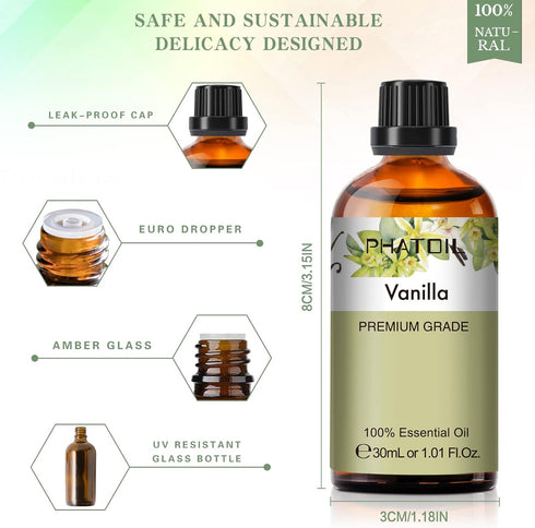 Vanilla Essential Oil, 1.01Fl.Oz (30ML) PHATOIL Pure Essential Oil Singles for Aromatherapy Diffusers, Humidifiers, Great for DIY Candle and Soap ...