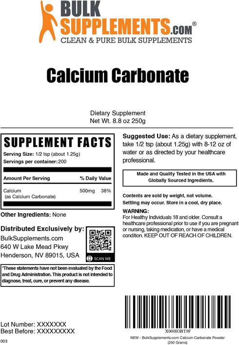BulkSupplements.com Calcium Carbonate Powder - Calcium Carbonate Food Grade, High Absorption - Gluten Free, 1.25g per Serving, 250g (8.8 oz) (Pack...