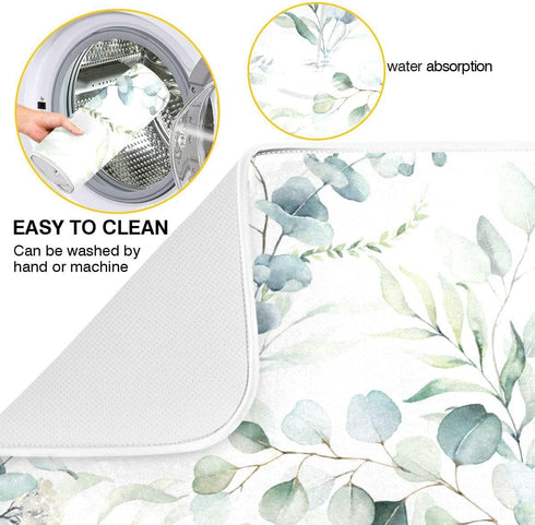 Green Leaves Dish Drying Mat for Kitchen Counter Herb Plant White Drying Mats Super Absorbent Reversible Microfiber Kitchen Countertop Protector D...