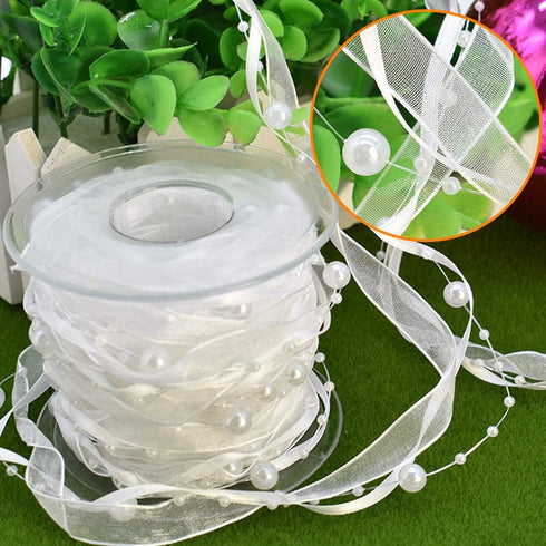 10M Artificial Bead Pearl Ribbon Chiffon Ribbon and Organza Lace Ribbon Trims for Wedding Flower Christmas Tree Decoration Sewing Craft Packaging ...