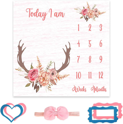 Monthly Milestone Blanket for Baby Girl, Deer Antler Flowers with Words Pink Baby Growth Chart Monthly Blanket | includes Markers 47"x47" BTLSPH68...