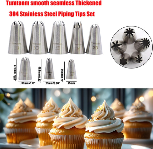 5 Pack Extra Large Piping Nozzles, 1B 1C 1E 1M 2D# Seamless Stainless Steel Piping Icing Tips for Cupcakes...