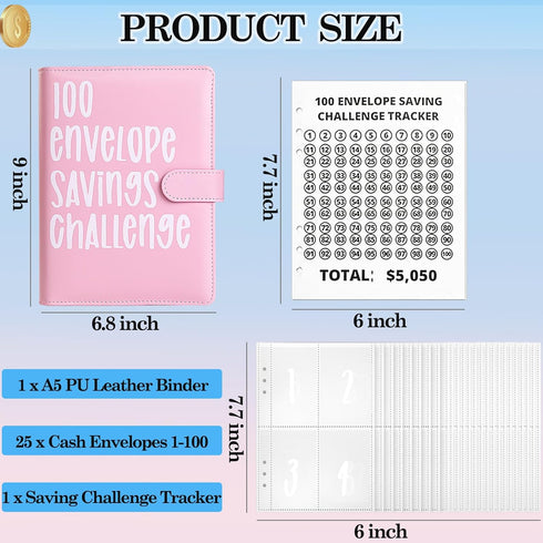 100 Envelopes Money Saving Challenge Binder, A5 Money Saving Challenge Book with Cash Envelopes, Savings Challenges Budget Book Binder to Save $5,...