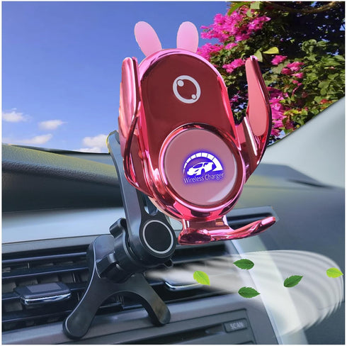 Car Phone Holder Mount Wireless Charging Auto Clamping Rotatable Vent Clip Cute Pink Rabbit Woman for iPhone 15 14 13 12 11 10 Pro Xs Samsung S23 ...