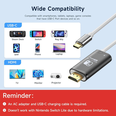 JINGDU 4K@60Hz USB C to HDMI Cable for Nintendo Switch NS/OLED/Steam Deck/ROG Ally, 2m/6.6FT, Portable USB-C to HDMI Cord Replaces The Original Sw...