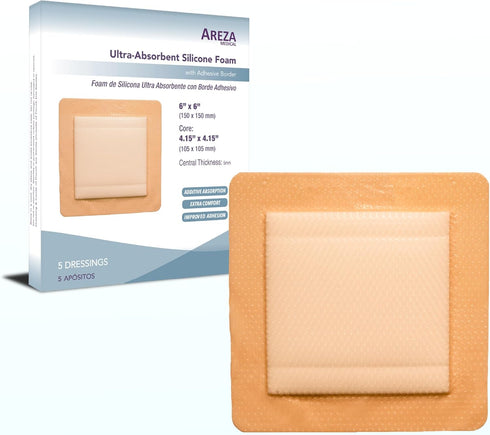 Areza Medical - Silicone Foam with Super-Absorbent Layer - Wound Dressing - Waterproof - with Silicone Adhesive Border - Sterile - 6" x 6" - 5 PCS...