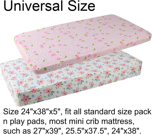 Pack n Play Playard Fitted Sheets 2 Pack Set for Baby Girl Soft Stretchy Jersey Knit Portable Mini Crib Mattress Cover, Pink Floral...