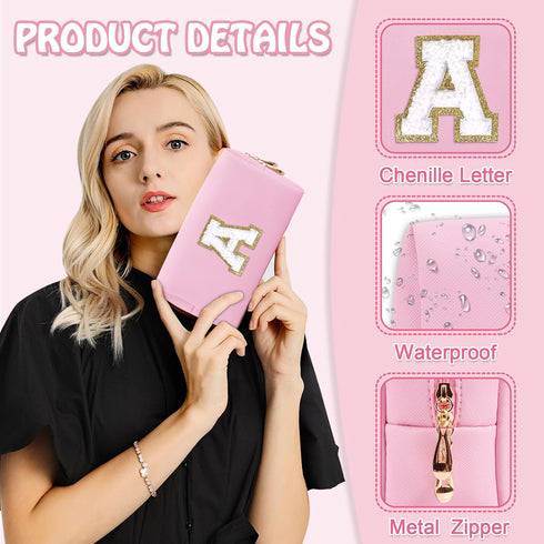 Personalized Initial Preppy Patch Makeup Bag, Small Travel Pink Cute Cosmetic Pouch Makeup Organizer Toiletry Zipper Pouch, Monogram Waterproof PU...