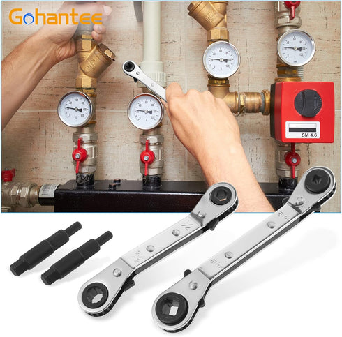 gohantee Hvac Service Wrench Tools Air Conditioner Valve Ratchet Wrench 3/16” to 3/8” 5/16'' x 1/4'' with 2 Hexagon Bit Adapter Kit for Air Refrig...