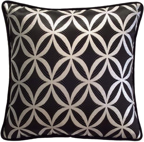 Satin Circle Lattice Black-Silver 16"x16" Pillow Cover Case Square Decorative Geometric Pattern Sham with Black Satin Piping for Home Decor, Sofa,...