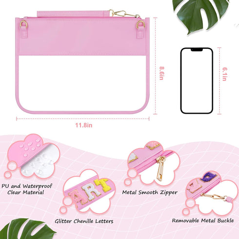 Chenille Letter Clear Travel Zipper Pouch, Preppy Makeup Bag with Removable Shoulder Strap Clear Cosmetic Toiletry Bag, Water-proof Makeup Travel ...
