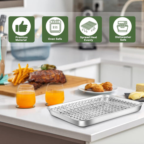 9 Inch Baking Tray Pan & Cooling Rack Set, Joyfair Stainless Steel Rectangular Toaster Oven Pan with Grid Rack for Cookies/Meats/Bacon, Non-toxic ...