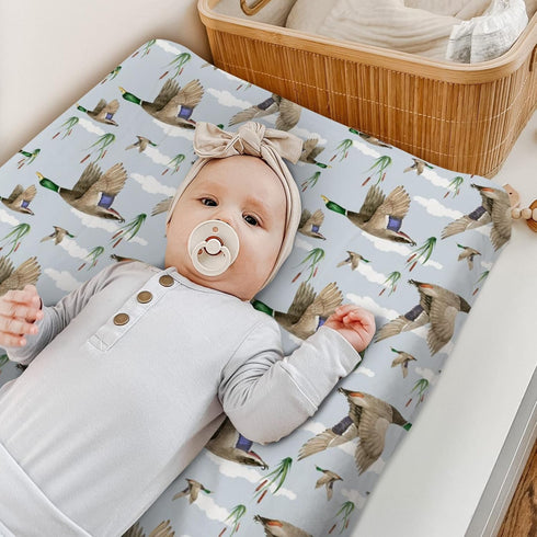 Duck Hunting Mallard Hunter Changing Pad Cover for Baby Boys, Wild Animal Bird Reeds Blue Diaper Change Table Covers, Soft Stretchy Safe Snug Fitt...