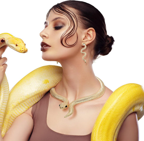 Fumete Gold Snake Choker Necklace and Snake Studs Earrings Set Snake Earrings for Woman Snake Jewelry Costume Set Costume Statement Snake Shape Co...