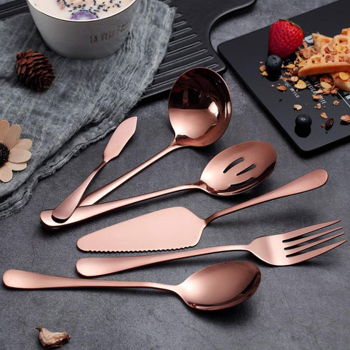 6-Piece Copper Serving Flatware Silverware Set,Stainless Steel Serving Utensil Set,Include Cake Server, Slotted Serving Spoon, Serving Spoon, Cold...