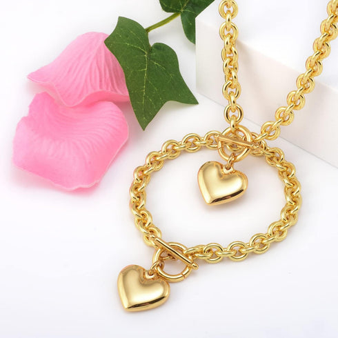 Heart Pendant Necklace and Bracelet Chain Stainless Steel Silver Drop White Jewelry Set...