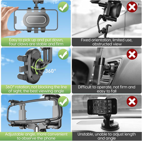 Rear View Mirror Phone Holder For Car - Multifunctional 360 Rotatable Car Rearview Mirror Phone Holder, With Retractable Curved Handle, Fixed At F...