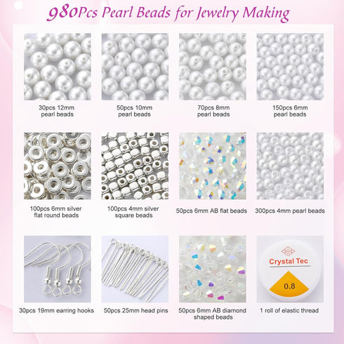 JADVY 980pcs Pearl Beads for Jewelry Making Kit, White Pearl Beads with Accessories for Bracelets, Necklaces, Earrings and Crafts, DIY Pearls Brac...