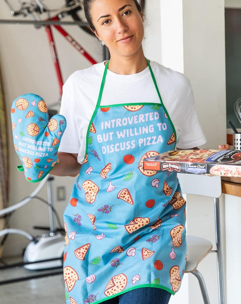 Introverted But Willing to Discuss Pizza Funny Baking Cooking Graphic Kitchen Accessories Funny Graphic Kitchenwear Cool Food Novelty Cookware Blu...