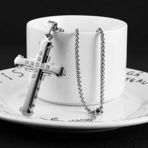 HZMAN Religion Men's Large Byzantium Stainless Steel Cubic Zirconia Cross Necklace Pendant 22 + 2 Inch Chain...