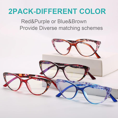 EYEURL Cat Eye Reading Glasses for Women 2 Pair Blue Light Blocking Readers 1.75 Comfort Spring Hinge Lightweight Eyeglasses Anti Glare for Ladies...