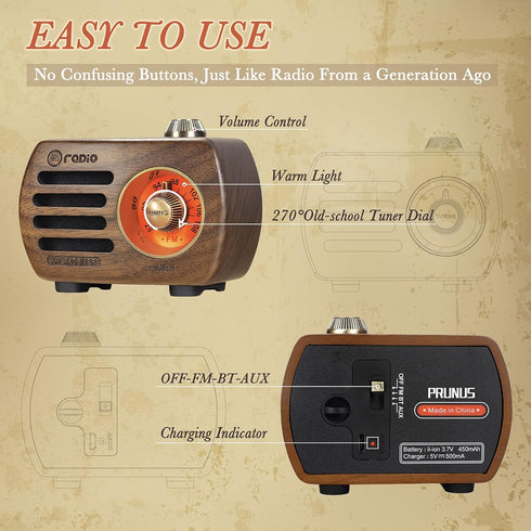 PRUNUS Wood Retro FM Radio Bluetooth Mini Portable Wooden Old Vintage Radio Speaker, Rechargeable Battery Operated, Strong Bass Enhancement, Loud ...