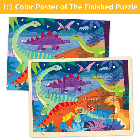 24 Piece Puzzles for Kids Ages 3-5, Unique Pieces Dinosaur Puzzle for Kids Ages 2-4, Wooden Jigsaw Puzzle for 2 3 4 5 Year Old Toddlers with Puzzl...