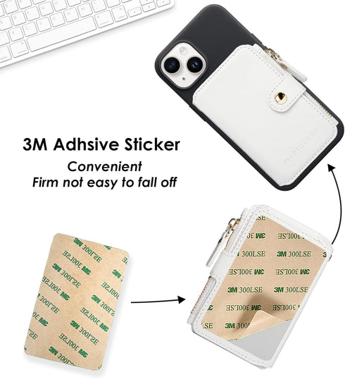 M-Plateau Phone Wallet Stick on, PU Leather Card Holder with Zipper Pocket Compatible with iPhone Case (White)...
