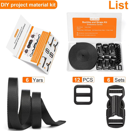 5/8" Buckle and Strap Set: 6 Yards of Thick Nylon Webbing, 6 Pack Quick Side Release Adjustable Plastic Buckles, 12 Tri-Glide Slide Clips, Black (...