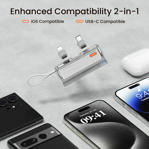 Flow Mini Portable Charger, 5000mAh Small Power Bank with Changeable Plugs and Built in Cable, Dual Output USB-C External Battery Compatible with ...