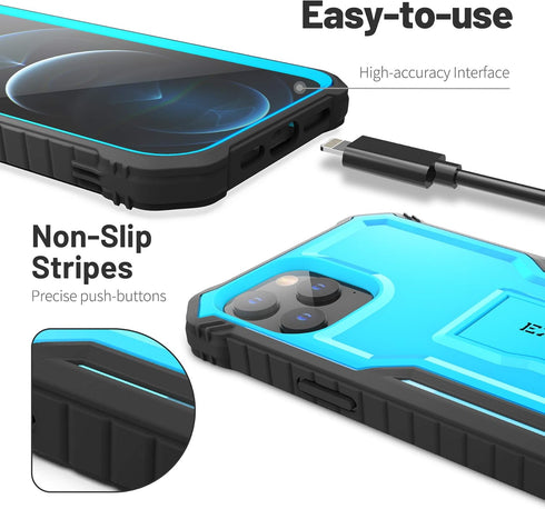 ExoGuard for iPhone 12 Case, Compatible with iPhone 12 Pro Case, Rubber Shockproof Full-Body Cover Case Built in Screen Protector with Kickstand f...