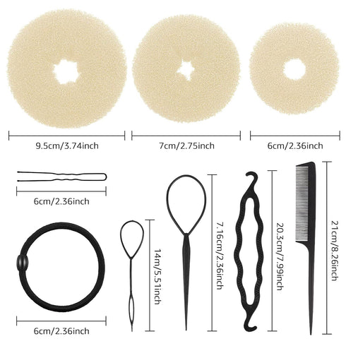 Donut Hair Bun Maker 6 Pieces, Ring Style Hair Bun Donut (1 L, 2 M and 3 S) with Pins 5 Elastic Bands, 20 Hair Bobby and 4 Pony Hair Tools for Wom...