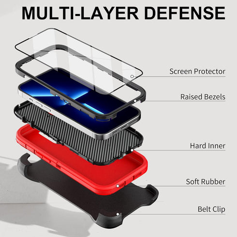 iPhone 13 Pro Max Case with Belt Clip and 2 Pack Screen Protector - Military Grade Rugged Full Body Phone Case (Red+Black)......