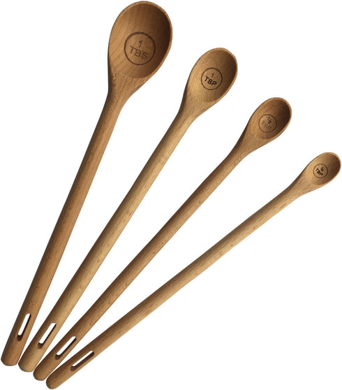 Long Handle Wooden Measuring Spoons by utensi, Set of 4 Engraved Accurate Spoons for Dry and Liquid Ingredients, Beech Wood Set (9-inch handles)...