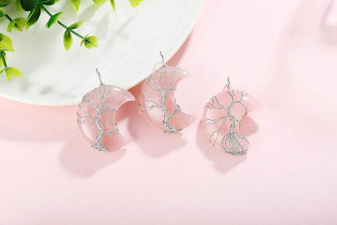 XIANNVXI Mother's Day Gifts Rose Quartz Necklaces Stone Necklaces Tree of Life Wire Wrapped Crescent Moon Pendant Necklace Gemstone Quartz Jewelry...