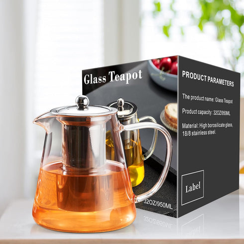 PARACITY Glass Teapot Stovetop 32 OZ, Borosilicate Clear Tea Kettle with Removable 18/8 Stainless Steel Infuser, Teapot Blooming and Loose Leaf Te...