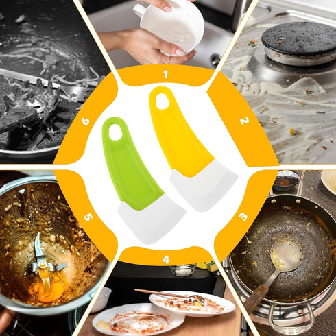 2Pcs Green and Yellow Silicone Pan Cleaning Scraper, Mabor Cleaning Bowl Scraper Dish Scraper for Kitchen Non-stick Plastic Pot Scraper Tool for P...