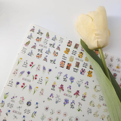12 Sheets Flower Nail Stickers Decals Spring Summer Nail Art Stickers Floral Butterfly Dragonfly Water Transfer Nail Decals Colorful Nail Art Supp...