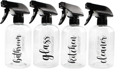 Cornucopia Plastic Cleaning Spray Bottles with Labels (Set of 4); 16oz Refillable Trigger Sprayers w/ 3 Settings and Farmhouse Script Labels...
