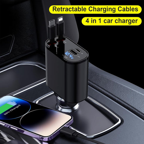 Retractable Car Charger, 4 in 1 Fast Charging Car Charger 60W, Retractable Cable and 2 USB Ports Car Charger Adapter Compatible with iPhone 15 14 ...