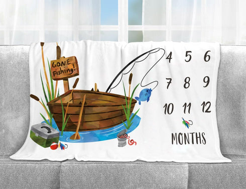 Fishing Baby Monthly Milestone Blanket, Gone Fishing Baby Boy Growth Chart Milestone Photo Blanket, Fishing Boat Newborn, Includes Marker (50"x40"...