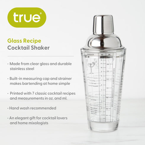 True Glass Cocktail Shaker with 7 Classic Recipes and Measurements for Cold Brew Cocktails, Home Bar Accessories, Bar Tools, Bartender Gifts, Host...
