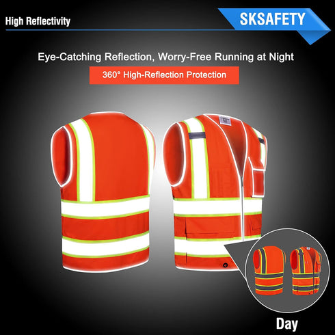 SKSAFETY 10 Pockets Safety Vest, Class 2 High Visibility Security with Zipper, Hi Vis Vest with Reflective Strips, ANSI/ISEA Standard, Constructio...